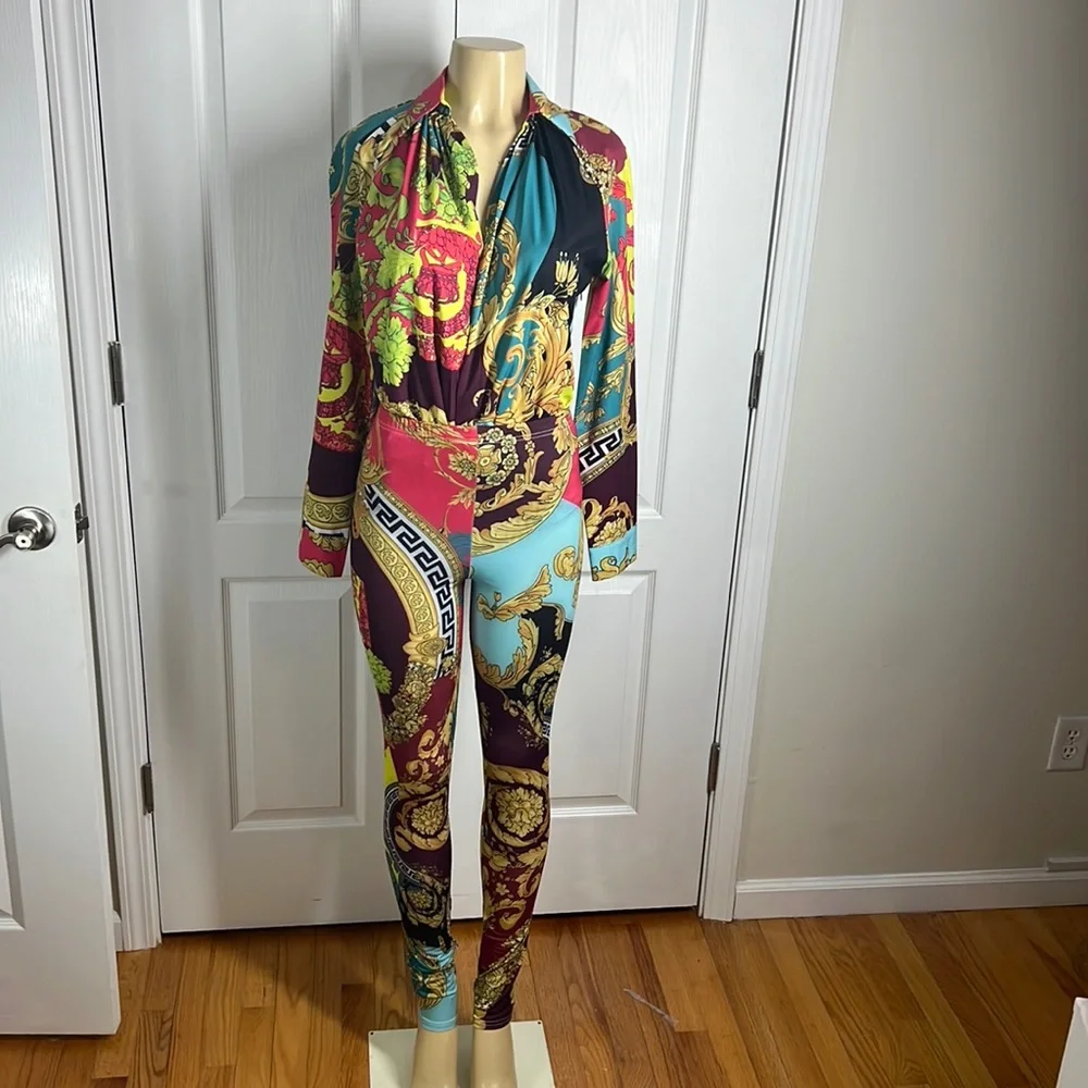 Unique 2 pcs body suit and pants, colorful print, size L - Picture 1 of 6